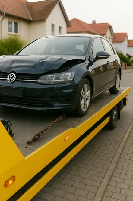 Ein defektes Auto wird in Wernigerode abgeschleppt, um es beim Autoankauf zu verkaufen.